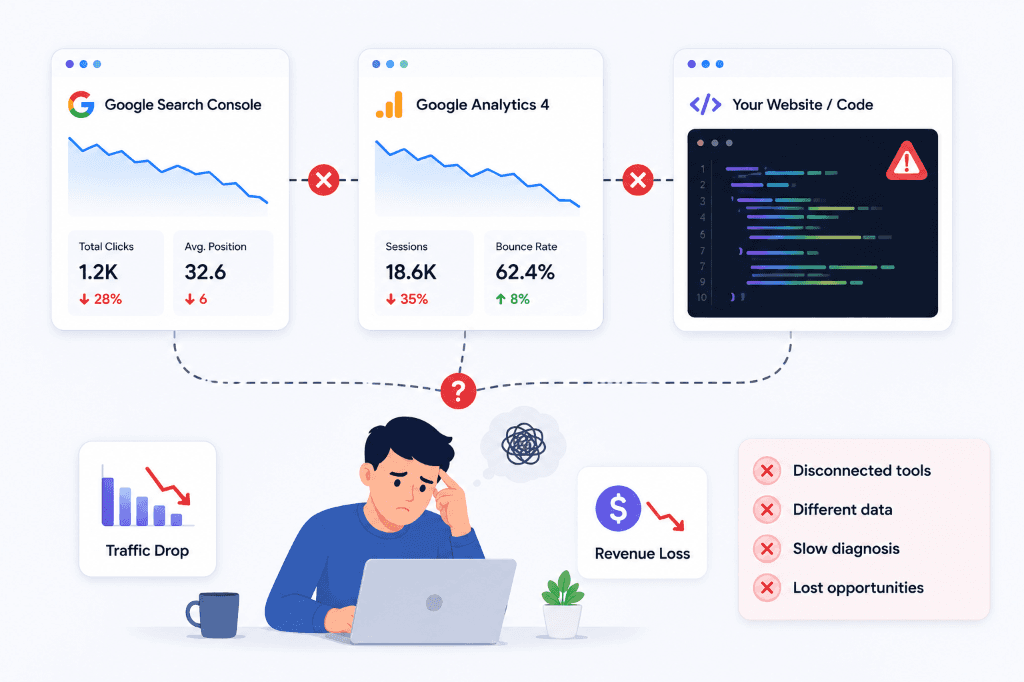 Why SEO Data Is Hard to Diagnose: Disconnected Google Search Console, GA4, and Website Code