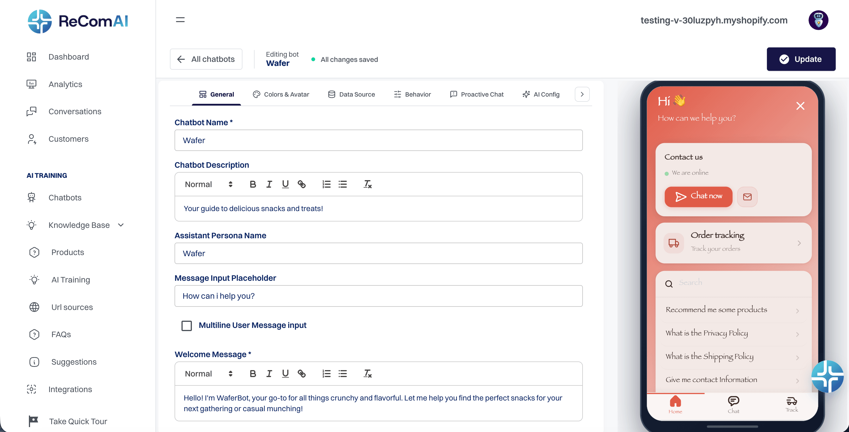 ReComAI knowledge base and product information view