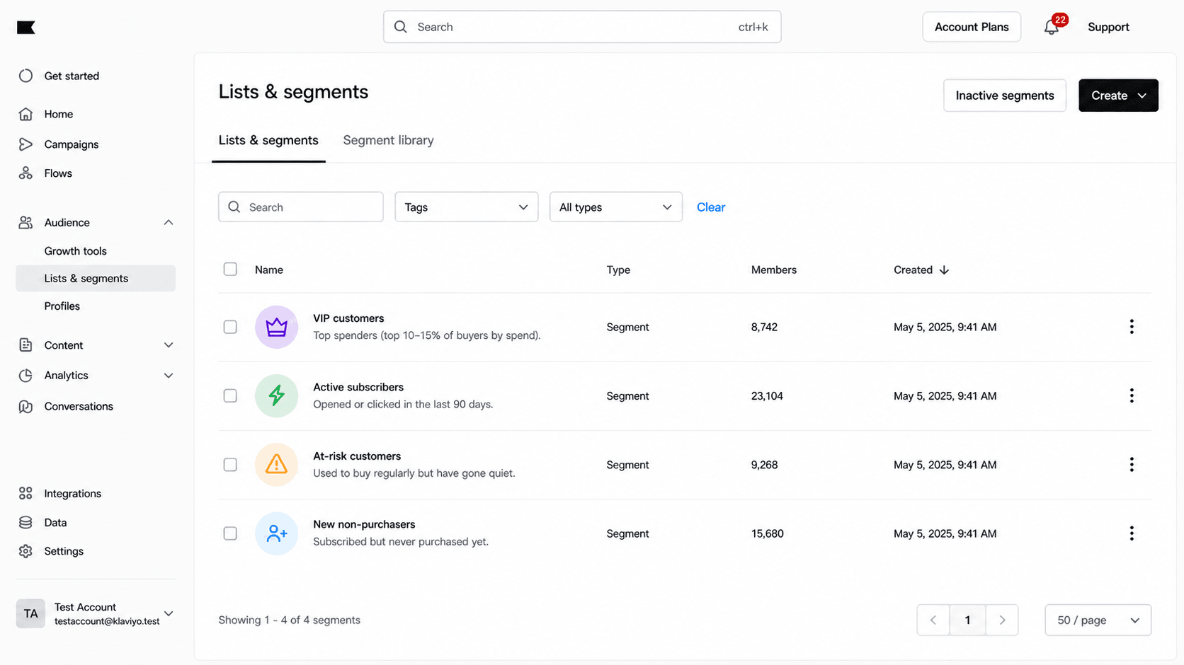 Klaviyo Lists and Segments dashboard