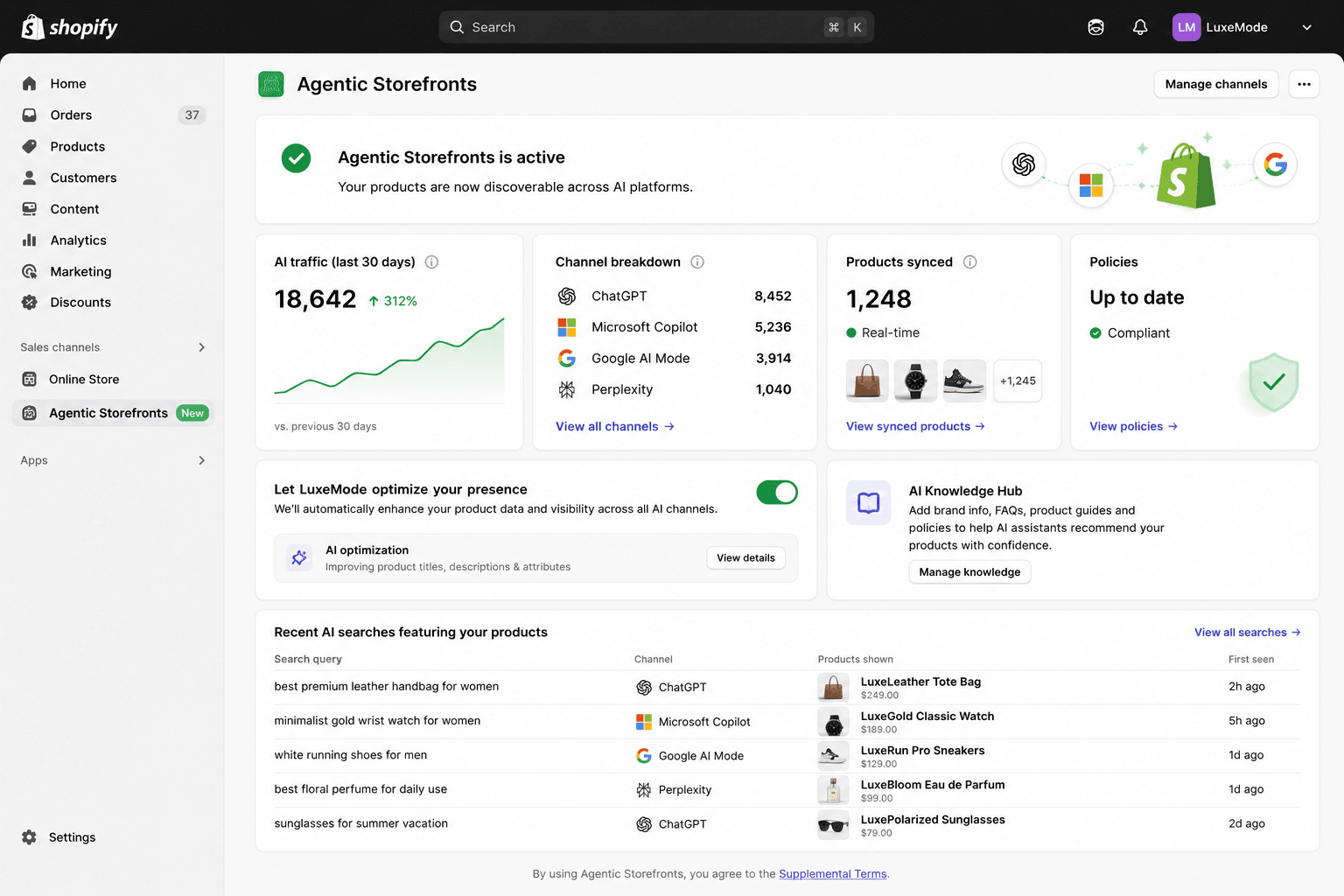 Shopify Agentic Dashboard interface