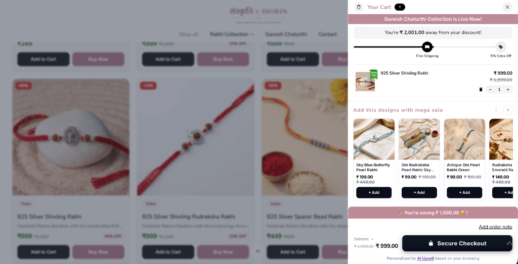 WeUpsell cart drawer AI recommendation widget in action on Rakhi By Diorin store