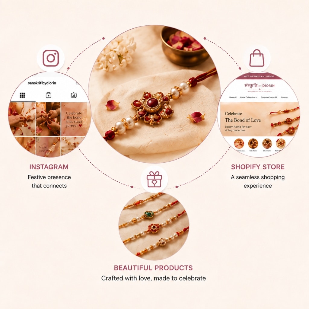 Rakhi By Diorin festive presence ecosystem: Instagram engagement, Shopify storefront, and festive product range