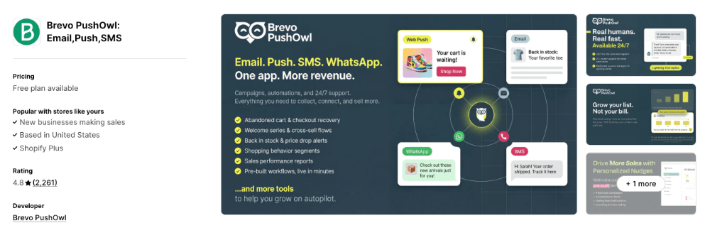 Brevo PushOwl Email, Push, SMS Shopify App Store Listing