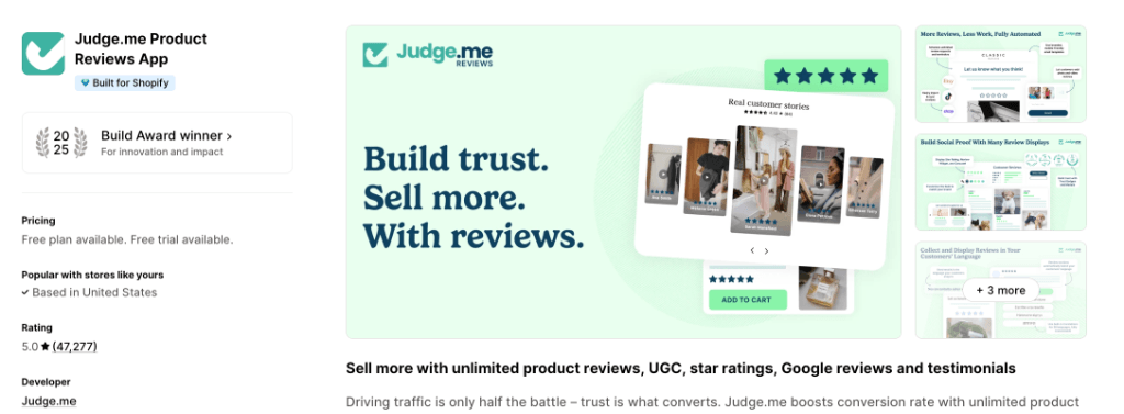 Judge.me Product Reviews Shopify App Store Listing