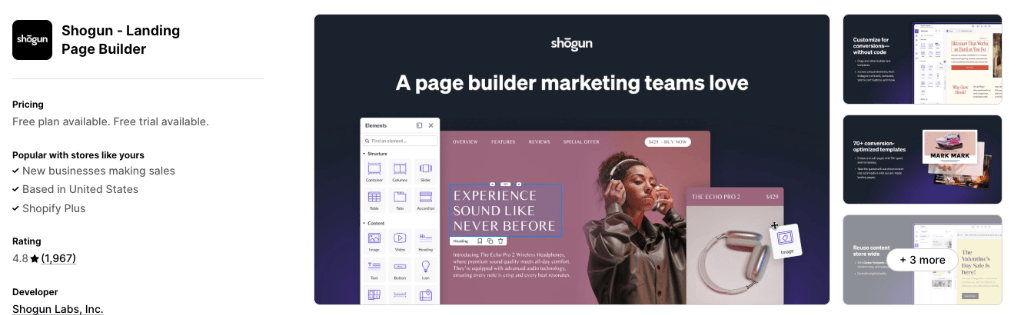 Shogun Landing Page Builder Shopify App Store Listing