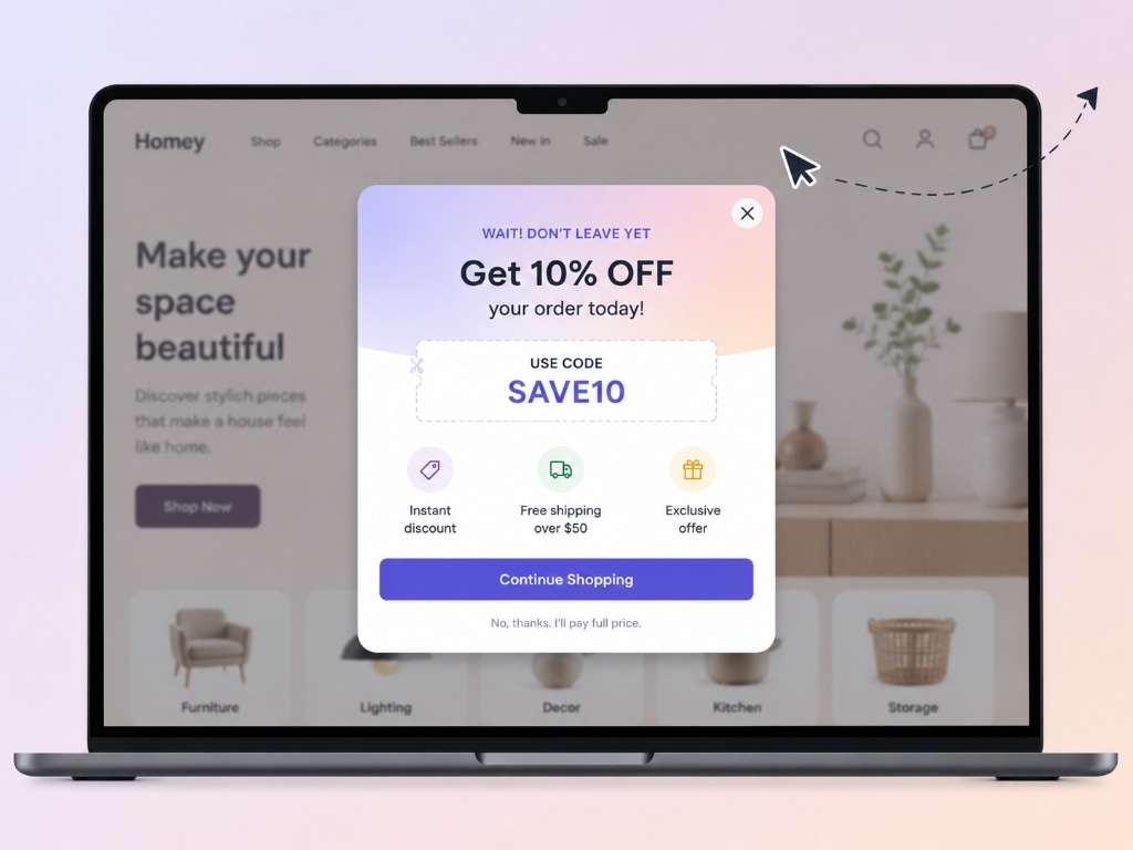 High-converting exit-intent popup mockup offering an instant discount code with clear dismiss option