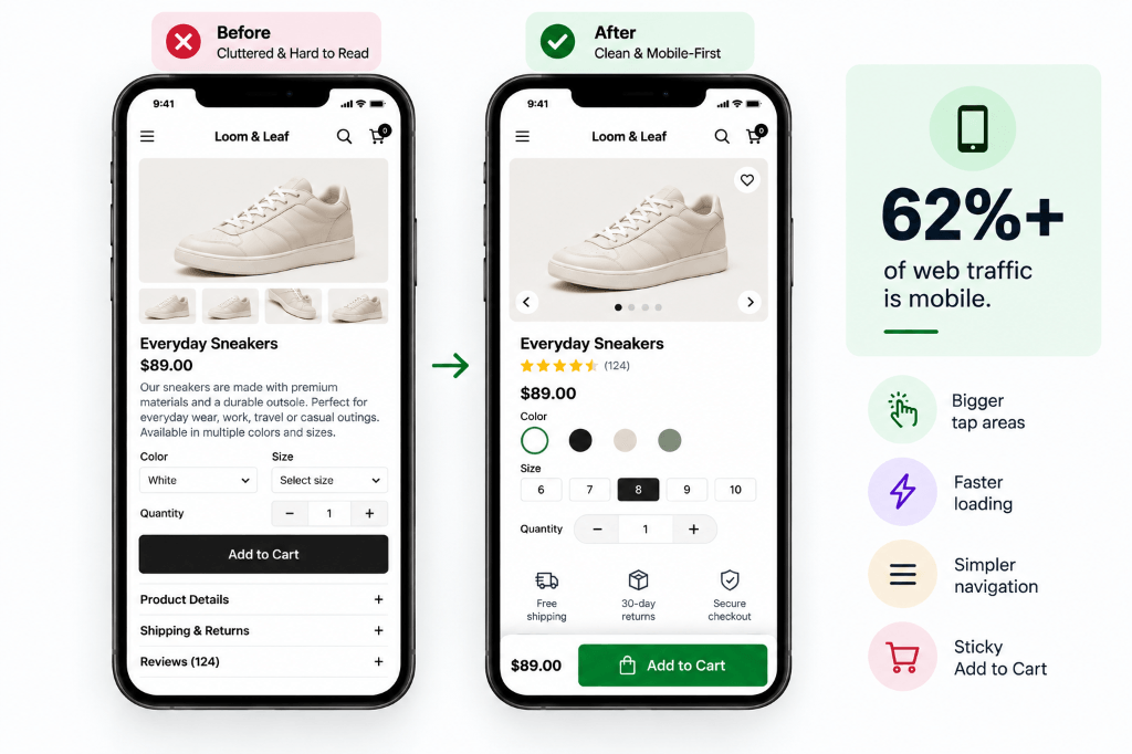 Mobile-first CRO comparison: Cluttered layout vs Clean mobile-first design with larger tap areas, faster loading, simpler navigation, and sticky Add to Cart bar