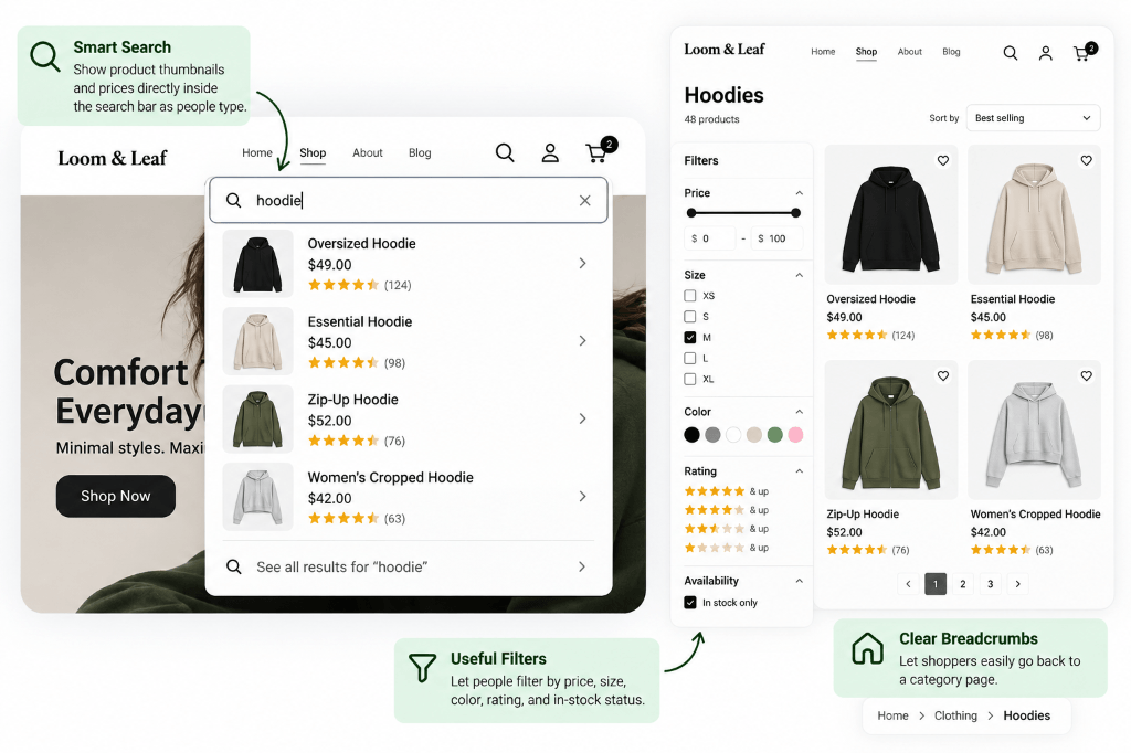 Smart search and collection discovery: Live search bar with thumbnail previews, intuitive filter facets, and clear breadcrumb navigation