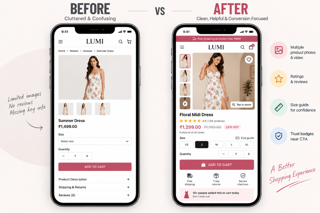 Before vs After product page comparison: Cluttered and Confusing vs Clean, Helpful and Conversion Focused