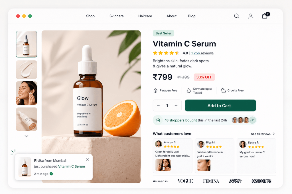 High-converting social proof on a Shopify product page: star ratings, real-time activity notifications, user reviews, and media trust badges